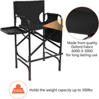 OmySalon 31" Tall Directors Chair Black Folding with Side Table Storage Bag,Aluminum Frame 300 lbs Capacity, 33.8" L x 19.2" W x 45.6" H,Portable Makeup Artist Bar Height