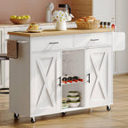 HOOBRO Kitchen Island with Power Outlet, Rolling Kitchen Island on Wheels, Island Table with Storage Cabinet, 2 Drawers, Spice Rack and Towel Rack, White and Natural WN14UZD01