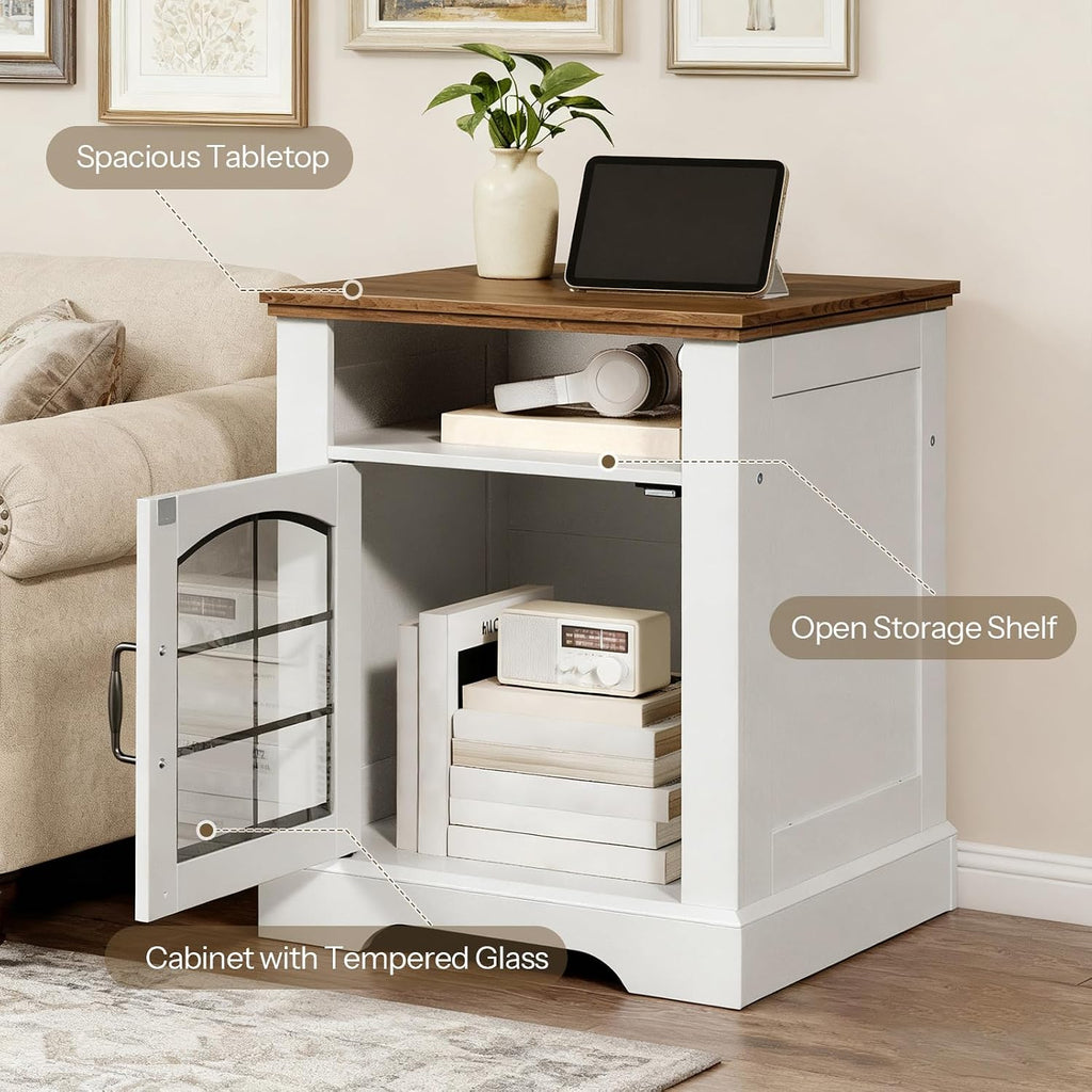 HOOBRO Farmhouse End Tables Set of 2 for Living Room, 17.7" Wide Nightstands with Charging Station, Wooden Sofa Side Tables with Tempered Glass Barn Door and Open Shelf, White and Walnut