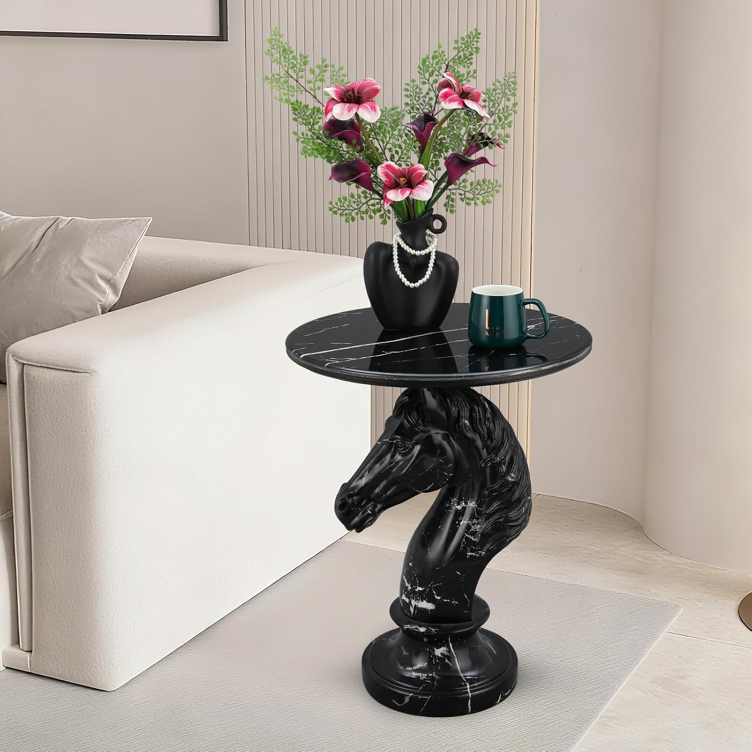 Horse Head Accent Side Table, Unique Animal End Table with Round Faux Marble Top, Animal Statues for Home Decor, Modern Classical Floor Statue for Living Room Bedroom Entryway (Horse Head-B)