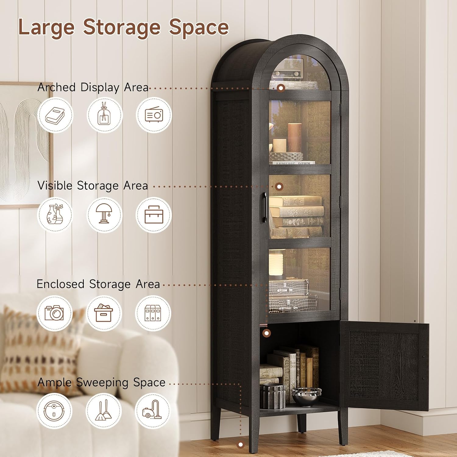 71" Narrow Arched Display Cabinet with Glass Doors, 5-Tier Curio Cabinet with LED Lights for Collectibles, Tall Bookcase Kitchen Pantry Storage Cabinet for Corner, Small Space, Living Room, Black