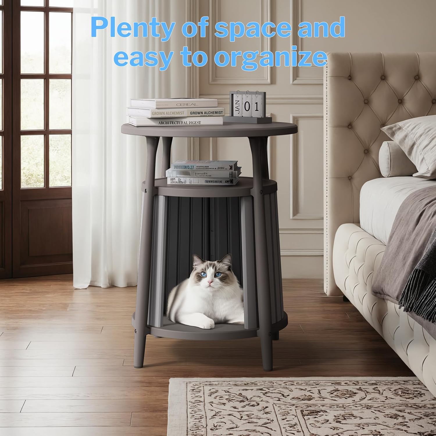 End Table,Resin Bedside Table with Storage,Side Table for Living Room Bedroom Balcony Indoor Outdoor(Grey)