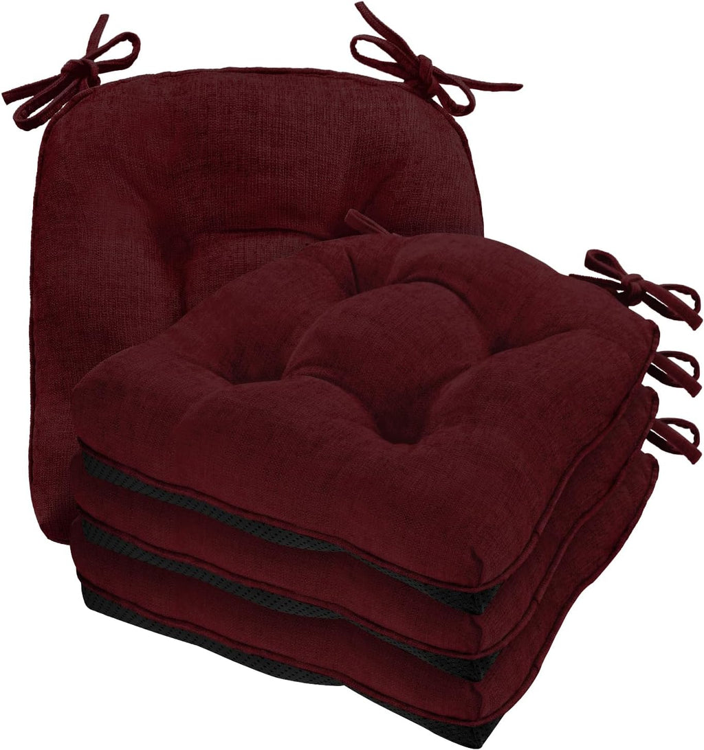 Cozyide Chair Cushions for Dining Chairs, 17" x 17" Non-Slip Kitchen Chair Pads with Adjustable Ties, Indoor Chair Cushions for Dining Room, Burgundy (Pack of 4)