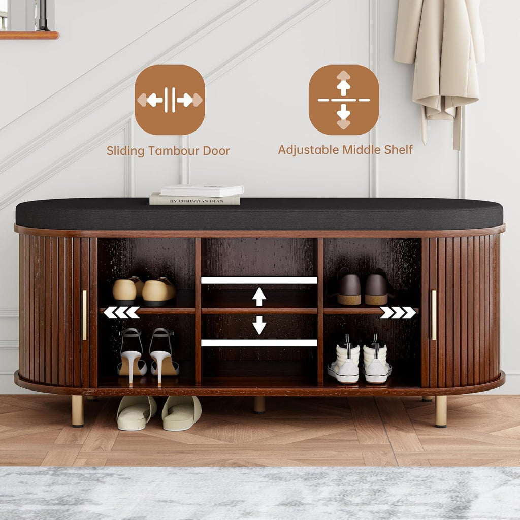 Entryway Bench with Storage: 43.31" Wooden Bedroom Shoe Bench with Thickened Padded Seat Cushion, Mid Century Modern Fluted Sliding Door and Adjustable Shelf, for Entryway, Living Room