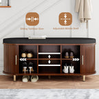 Entryway Bench with Storage: 43.31" Wooden Bedroom Shoe Bench with Thickened Padded Seat Cushion, Mid Century Modern Fluted Sliding Door and Adjustable Shelf, for Entryway, Living Room