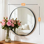 Bathroom Mirror for Wall, 24 Inch Round Mirror, Matte Black Metal Framed Circle Vanity Mirror for Bathroom Bedroom Living Room Entryway, Anti-Rust, Tempered Glass, Hanging or Leaning