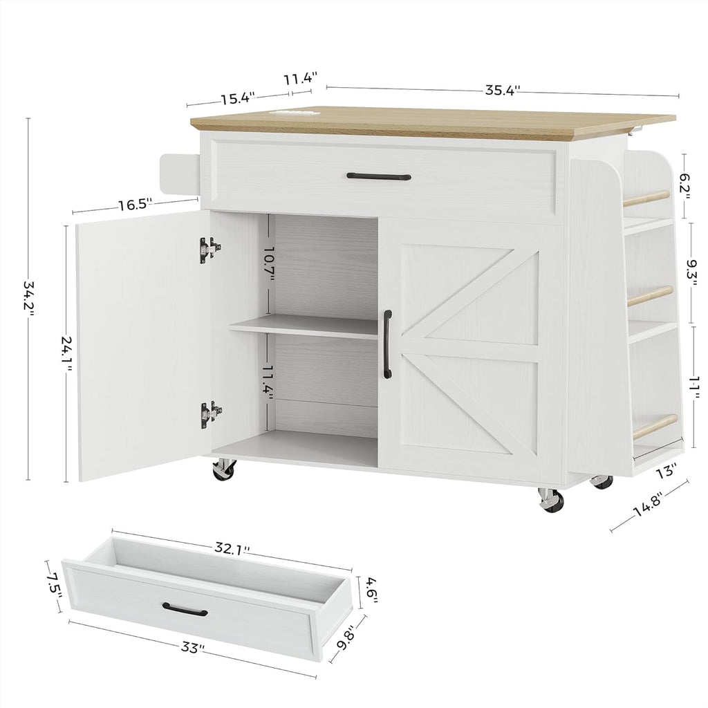 IRONCK Kitchen Island Table with Storage, Rolling Kitchen Cart with Power Outlet, Storage Cabinets on Wheels with Drop Leaf, Portable for Dining Room, White