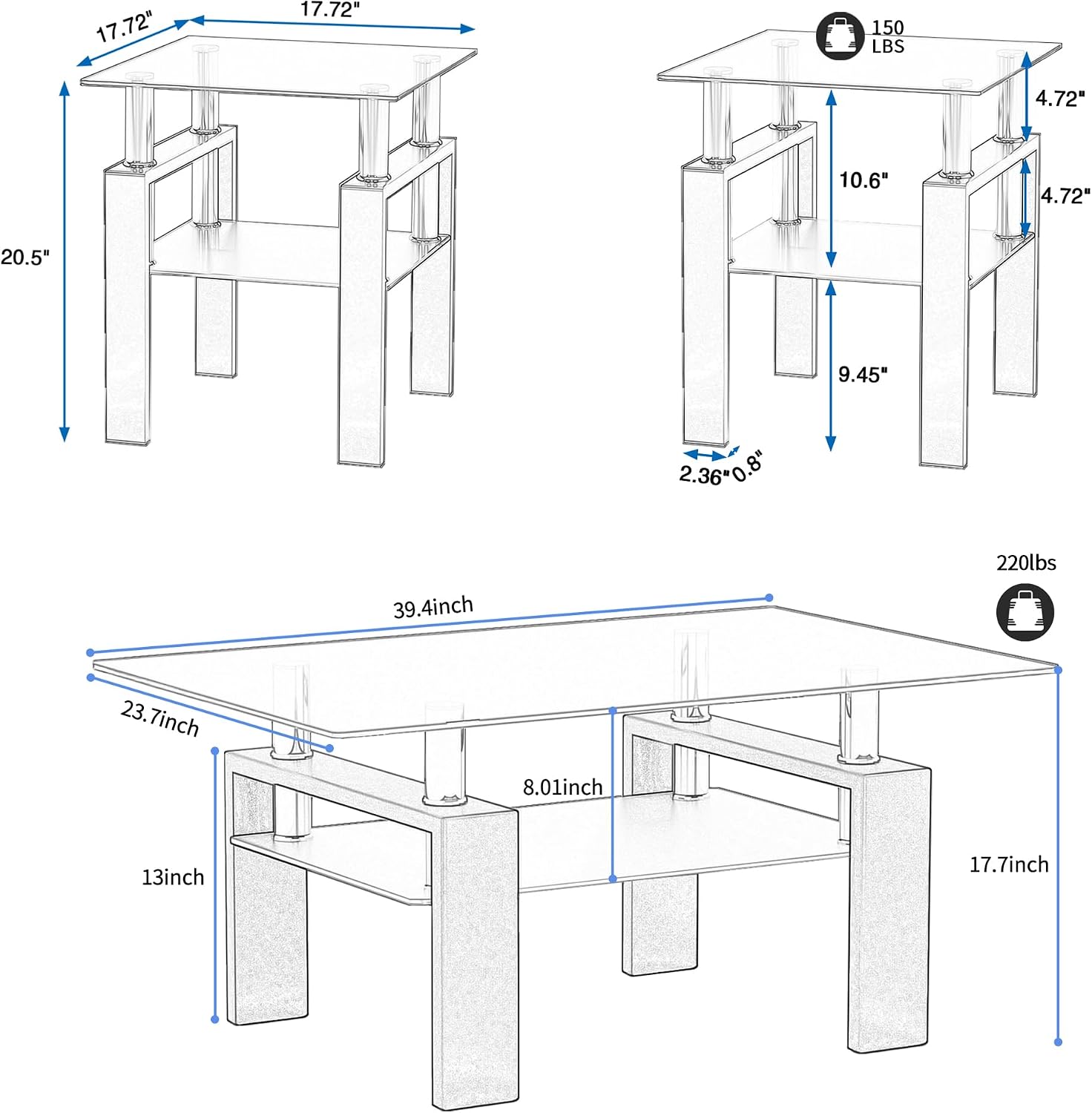 3 Piece Living Room Table Set, Glass Coffee Table and End Table Set of 3, Coffee Table Set with Tempered Glass & Metal Legs for Livingroom Table, Bedroom Nightstand. (Style 1, Black Glass+Black Leg)