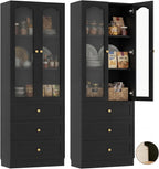 Cyclysio 80" Tall Pantry Cabinet for Kitchen Storage, Black Pantry Cabinet with Glass Doors & 3 Drawers - Freestanding Storage Bookcase with Built-in Baseboard Notch for Dining, Living Room