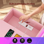 ADORNEVE Pink Nightstand with Charging Station and LED Lights | Night Stand with Sliding Top,Bedside Table with Drawers,Modern End Side Table for Bedroom