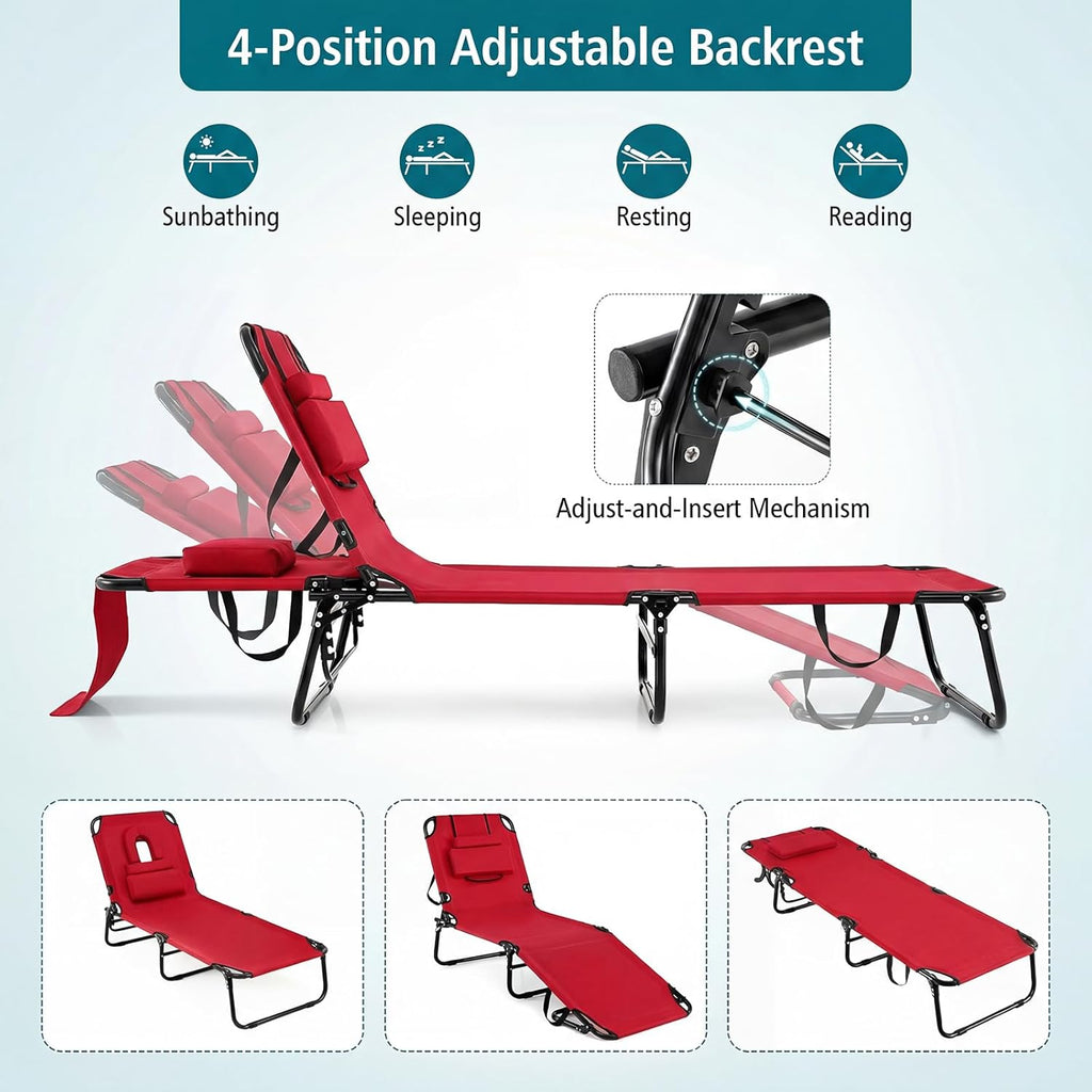 GYMAX Tanning Chair, 330lbs Beach Lounge Chair with Face Hole, Detachable Washable Pillow & Carry Strap, Adjustable Folding Chaise Lounge, Layout Chair for Outside, Patio, Poolside, Lawn (1, Red)