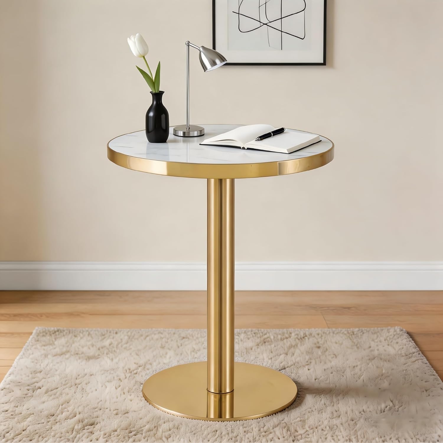 gopop 23.6" Modern Small Table for 2, Round Bar Table with Faux Marble Tabletop, Golden Edge & Base, Space Saving, Ideal for Cafe/Small Spaces/Apartment, White