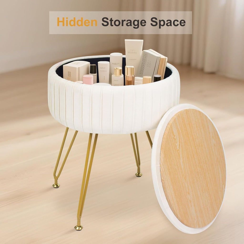 Round Vanity Stool with Storage Ottoman,Vanity Chair for Makeup Room with Removable Cover, Small Footrest Ottoman for Home, Living Room, Bedroom (Beige)