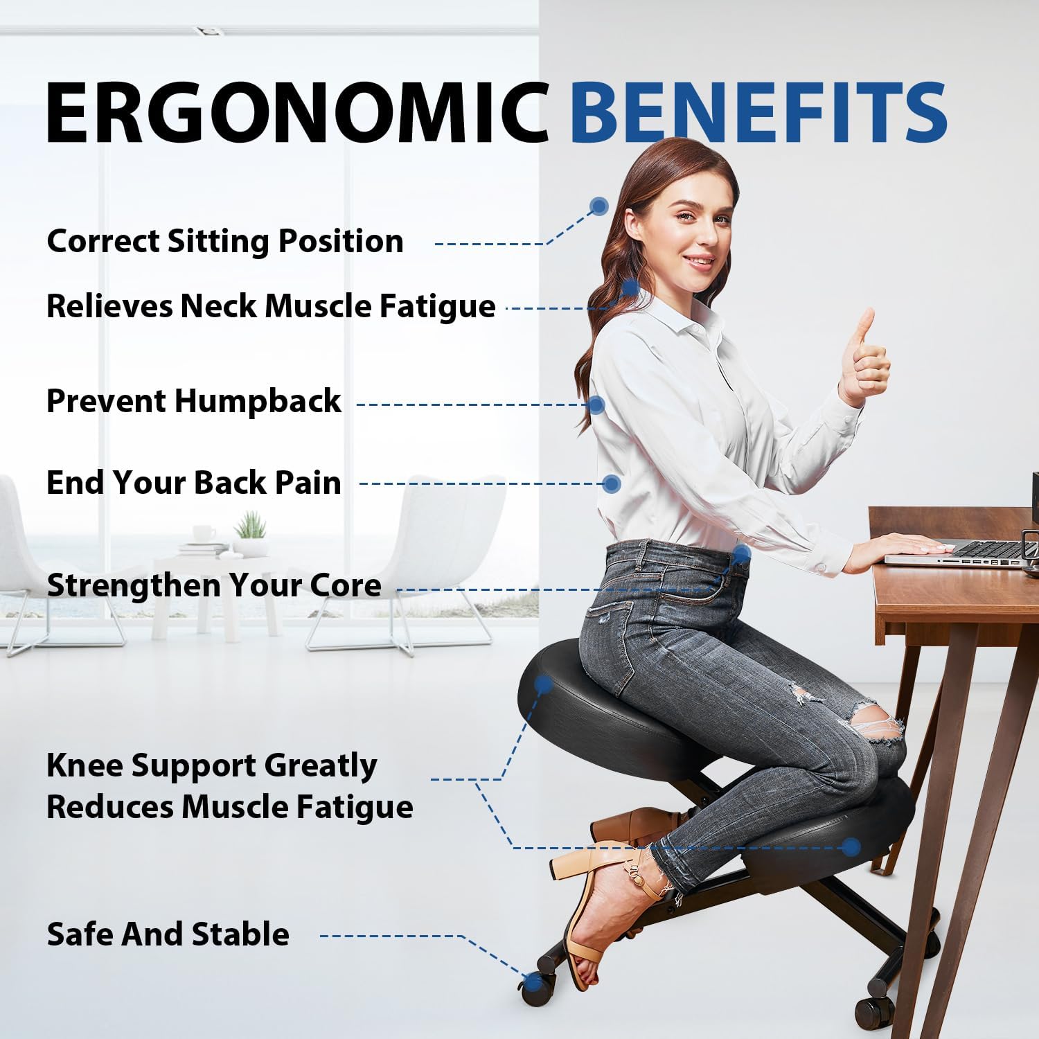 Ergonomic Kneeling Chair, Meditation Chair with Height Adjustable and Cushion for Home and Office, Posture Office Stool with an Angled Seat and Casters