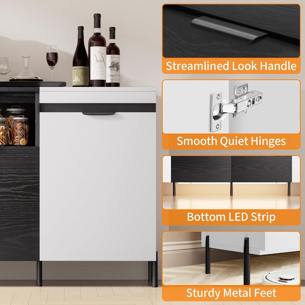 80'' Buffet Sideboard with Storage Farmhouse with 4 Doors, Large Kitchen Storage Cabinet Wood Coffee Bar Cabinet Buffet Table with Open Shelf for Kitchen, Dining Room, Entryway, Black & White