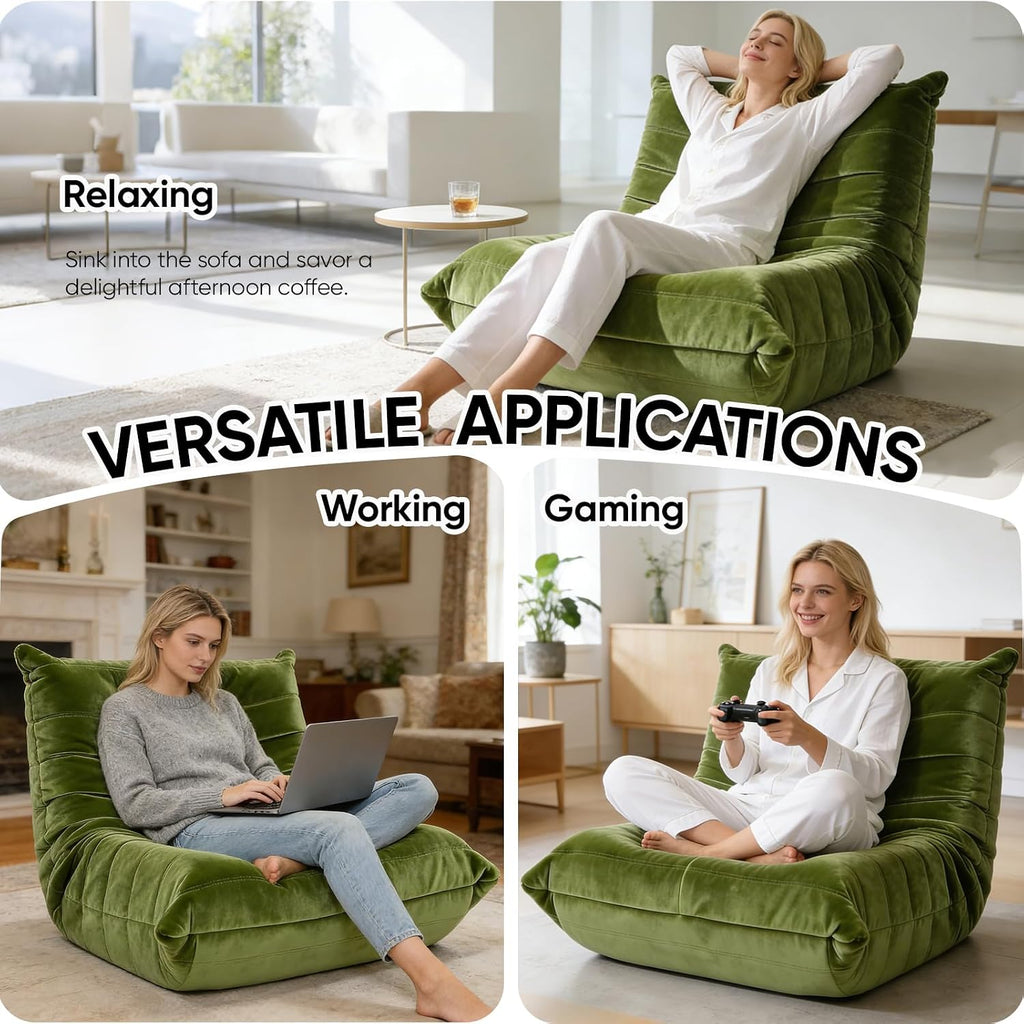 Trenda Bean Bag Chair for Adults, High-Density Foam, Dutch Velvet, Green | Togo chair with dual-layer foam, providing body-contouring support for reading, gaming, reclining and everyday lounging