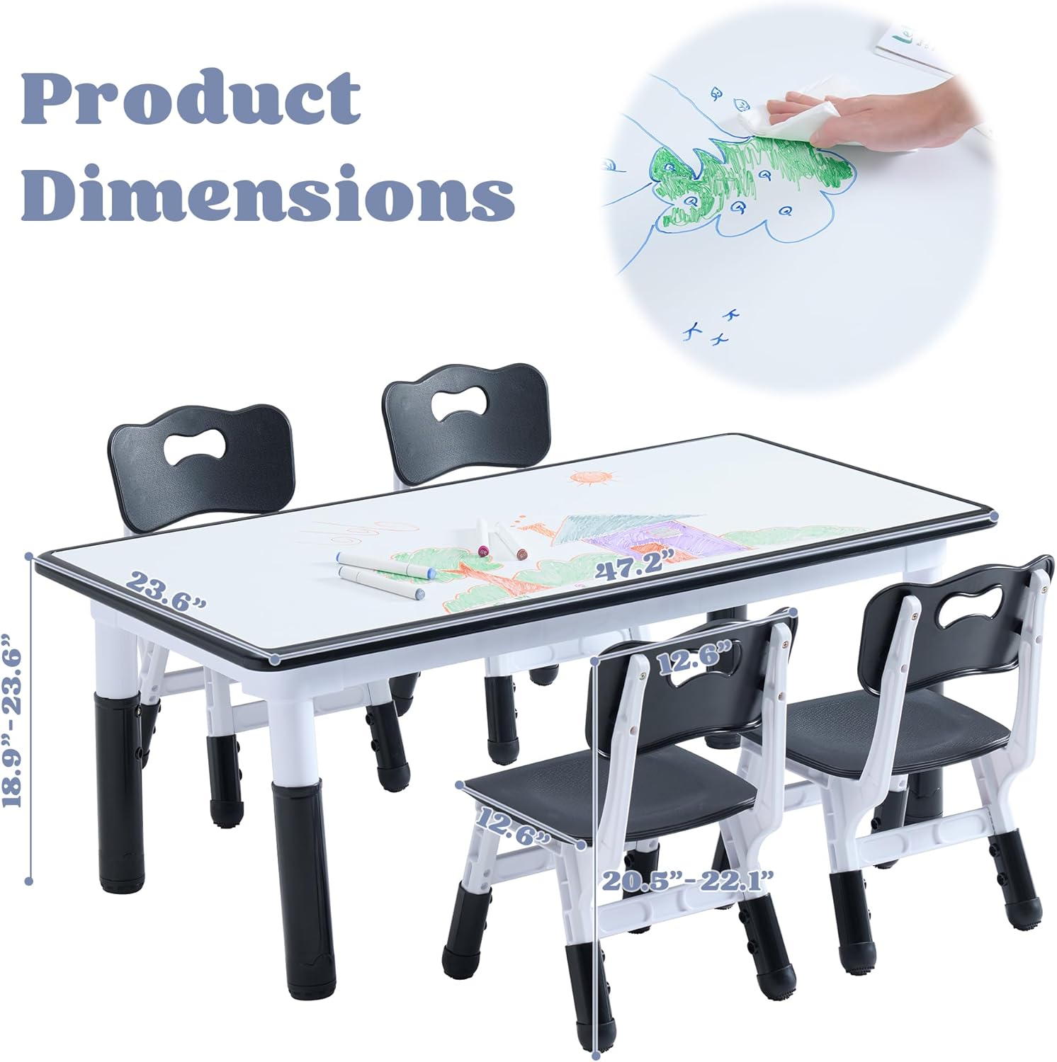 Kids Table and 4 Chairs Set, Height Adjustable Toddler Table and Chair Set, Toddler Desk with Graffiti Desktop & Non-Slip Legs, Children Activity Table for Daycare, Classroom (Black)