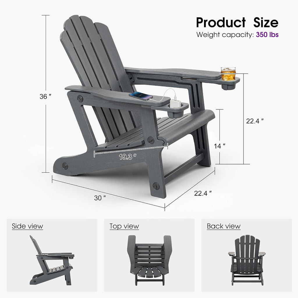 PURPLE LEAF Adirondack Chair with 24.6" Oversized Seat and Dual Cup Holders All Weather Wood-Like HDPE Outdoor Fire Pit Chair for Patio Garden Deck Backyard Porch, Gray