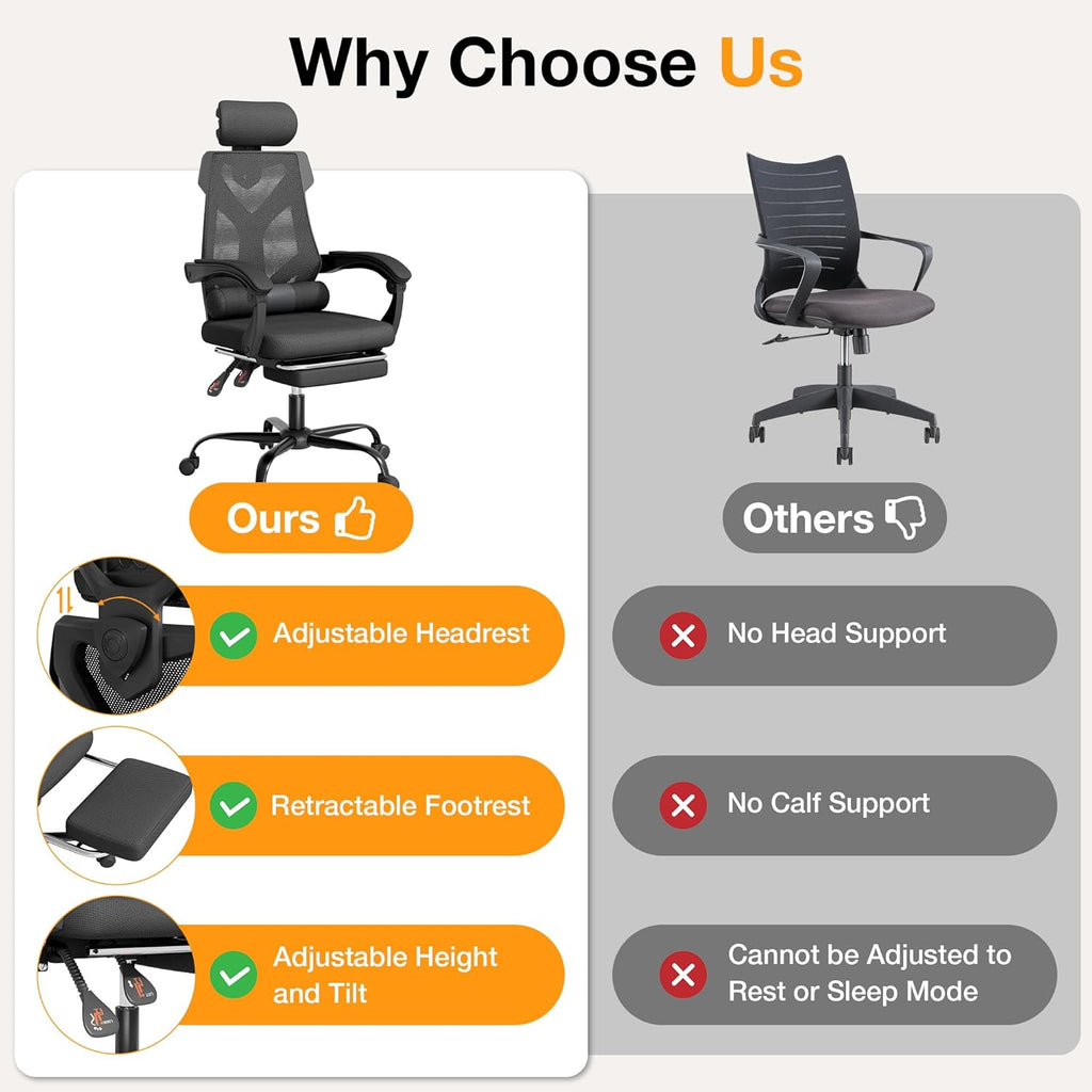 Mr IRONSTONE Mesh Office Chair with Footrest, High Back Reclining Desk Chair with Adjustable Headrest, Comfortable Task Chair for Home Office, Black