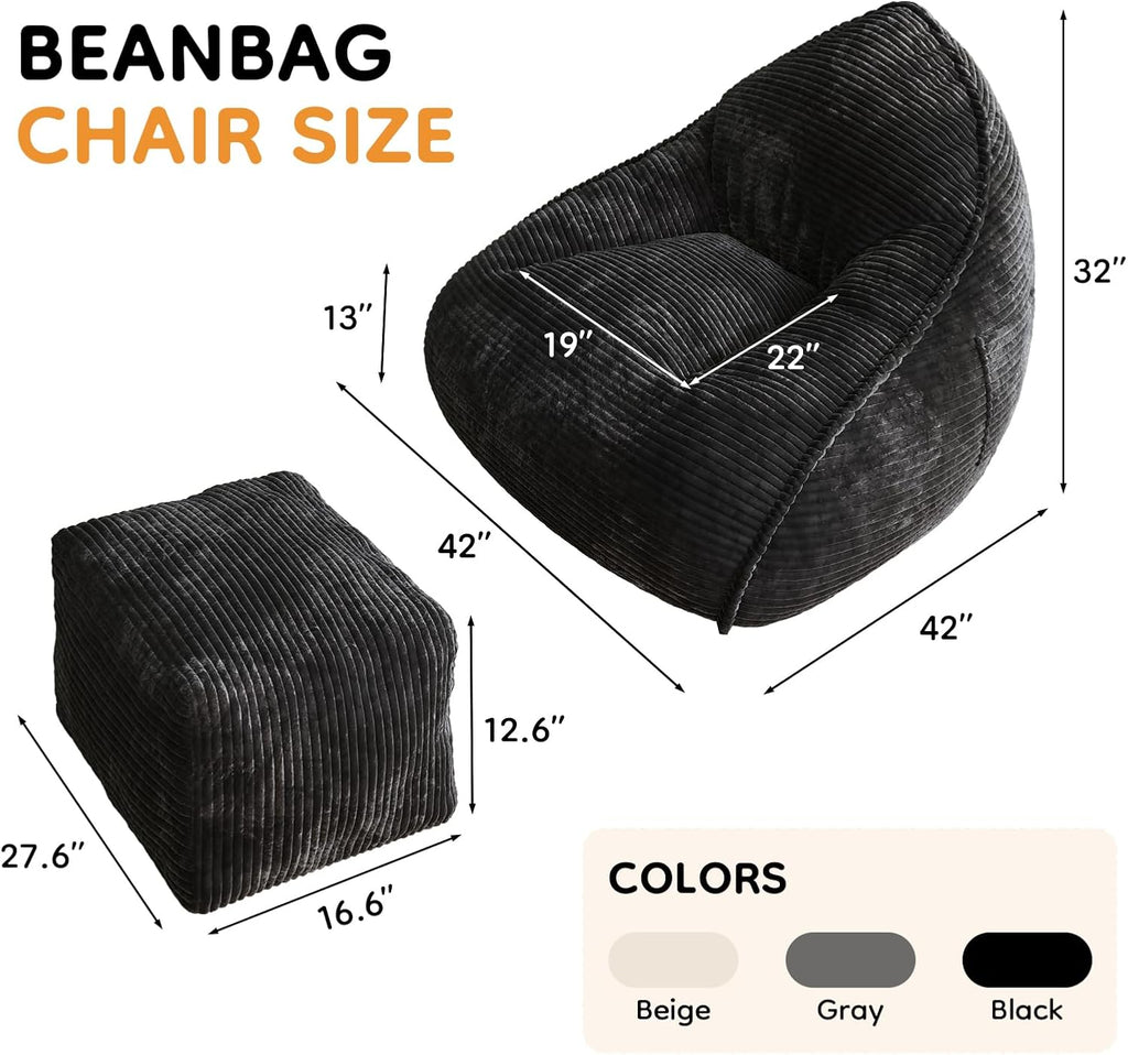Cloud Large Bean Bag Chair with Ottoman, Corduroy Fabric+35D Memory Foam Big Beanbag Chair for Adults,Lounger Chairs Sofa Boneless Puff Chair for Living Room (Beige) (Black, Clouds)