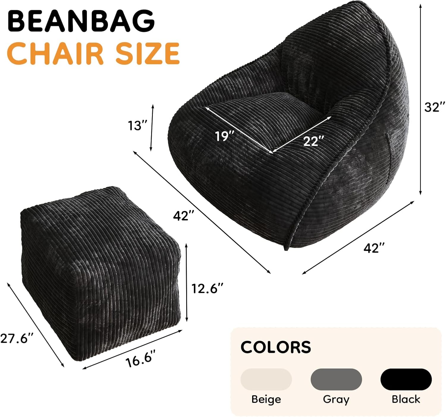 Cloud Large Bean Bag Chair with Ottoman, Corduroy Fabric+35D Memory Foam Big Beanbag Chair for Adults,Lounger Chairs Sofa Boneless Puff Chair for Living Room (Beige) (Black, Clouds)