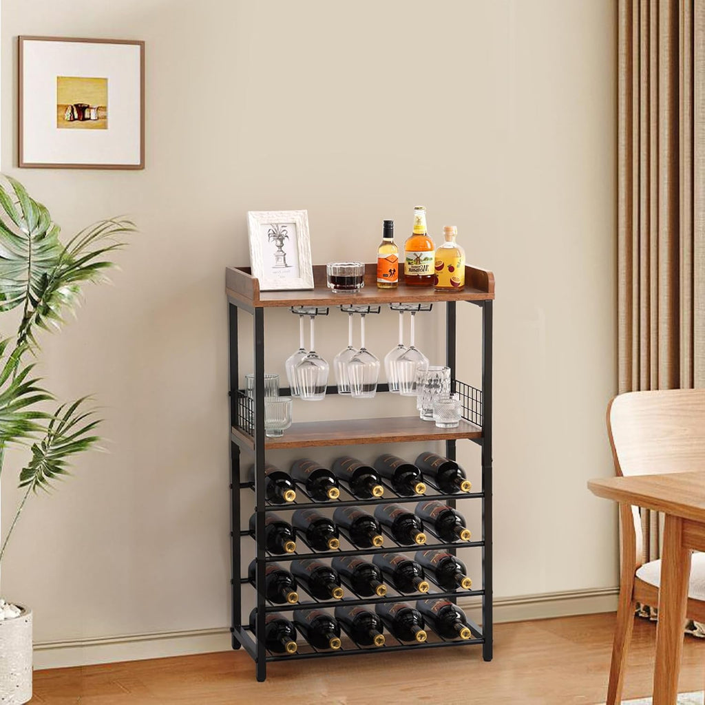 KATHY&BOB Morden Wood Wine Rack Freestanding Floor, 5-Tier Wine Storage Shelf with Wobble-Free Countertop, 20-Bottle Stackable Wine Glass Holder Rack for Home Bar Kitchen Dining Room (Wine Rack)