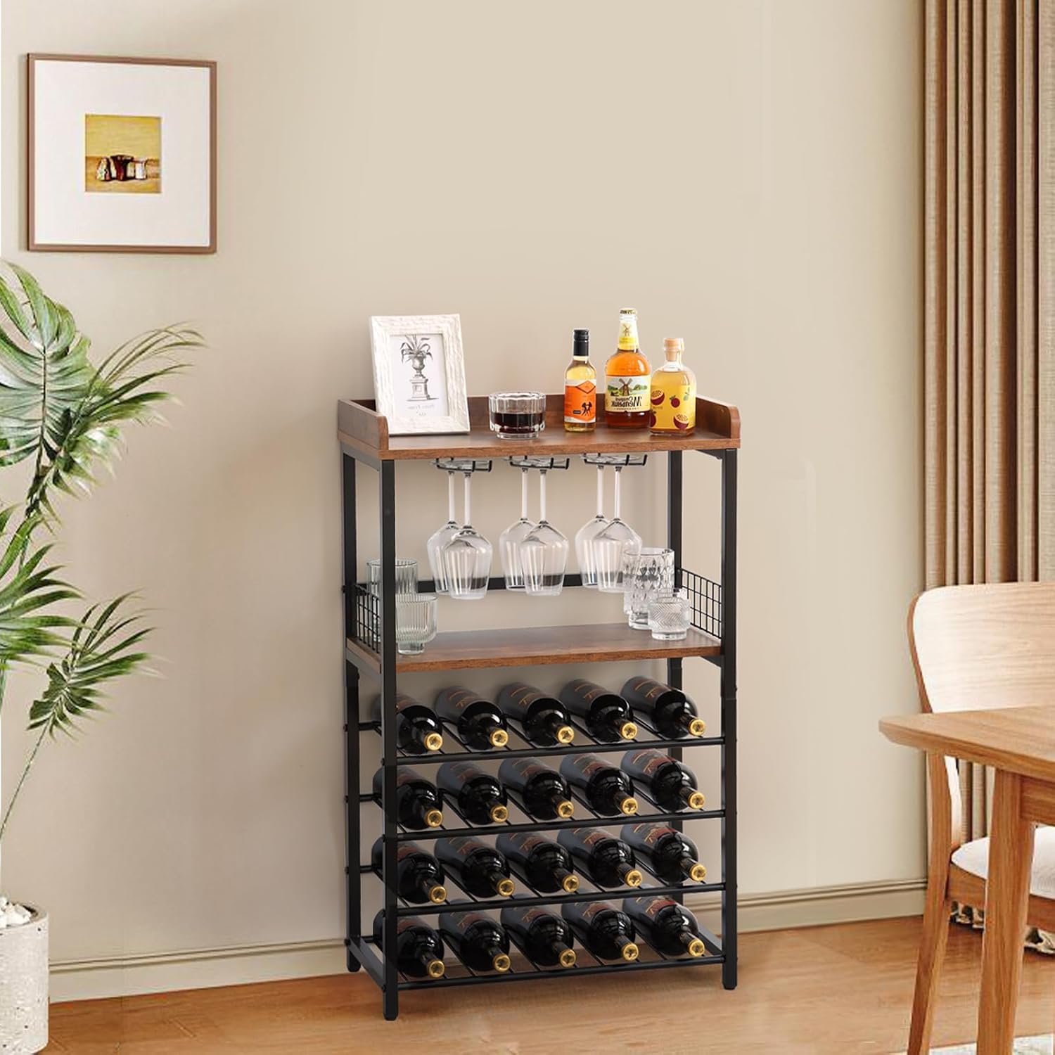 KATHY&BOB Morden Wood Wine Rack Freestanding Floor, 5-Tier Wine Storage Shelf with Wobble-Free Countertop, 20-Bottle Stackable Wine Glass Holder Rack for Home Bar Kitchen Dining Room (Wine Rack)