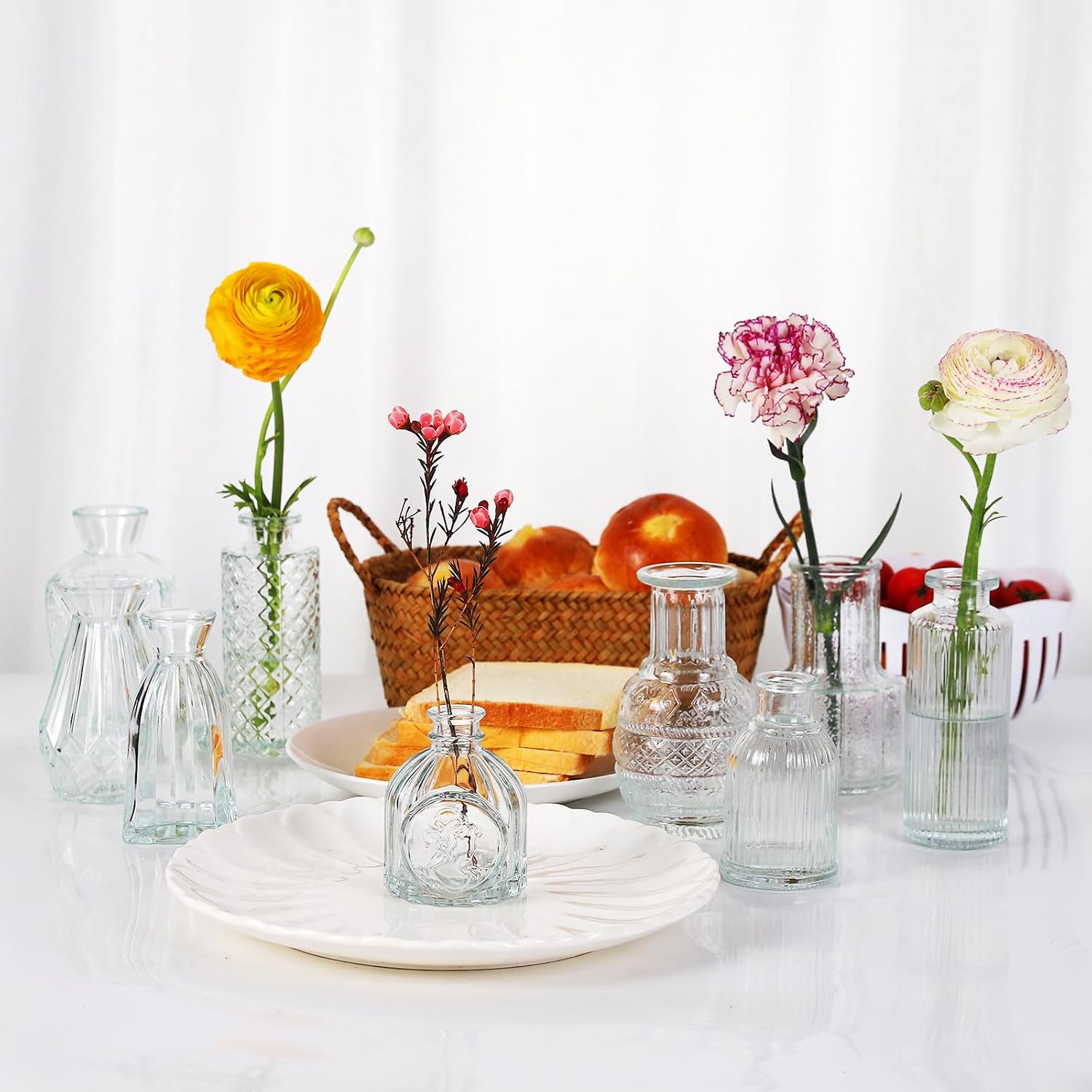 Glass Bud Vases Set of 12, Clear | Vintage Textured, Assorted Shapes, Small Flower Vases, Wedding & Home Decor