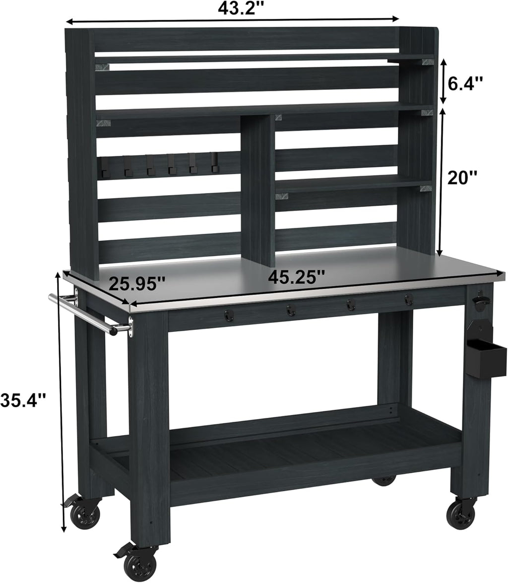 GDLF Potting Bench Table Large Outdoor Kitchen Island Prep Station with Stainless Steel Top Waterproof Cover, Hardwood, 66.9" H
