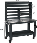 GDLF Potting Bench Table Large Outdoor Kitchen Island Prep Station with Stainless Steel Top Waterproof Cover, Hardwood, 66.9" H