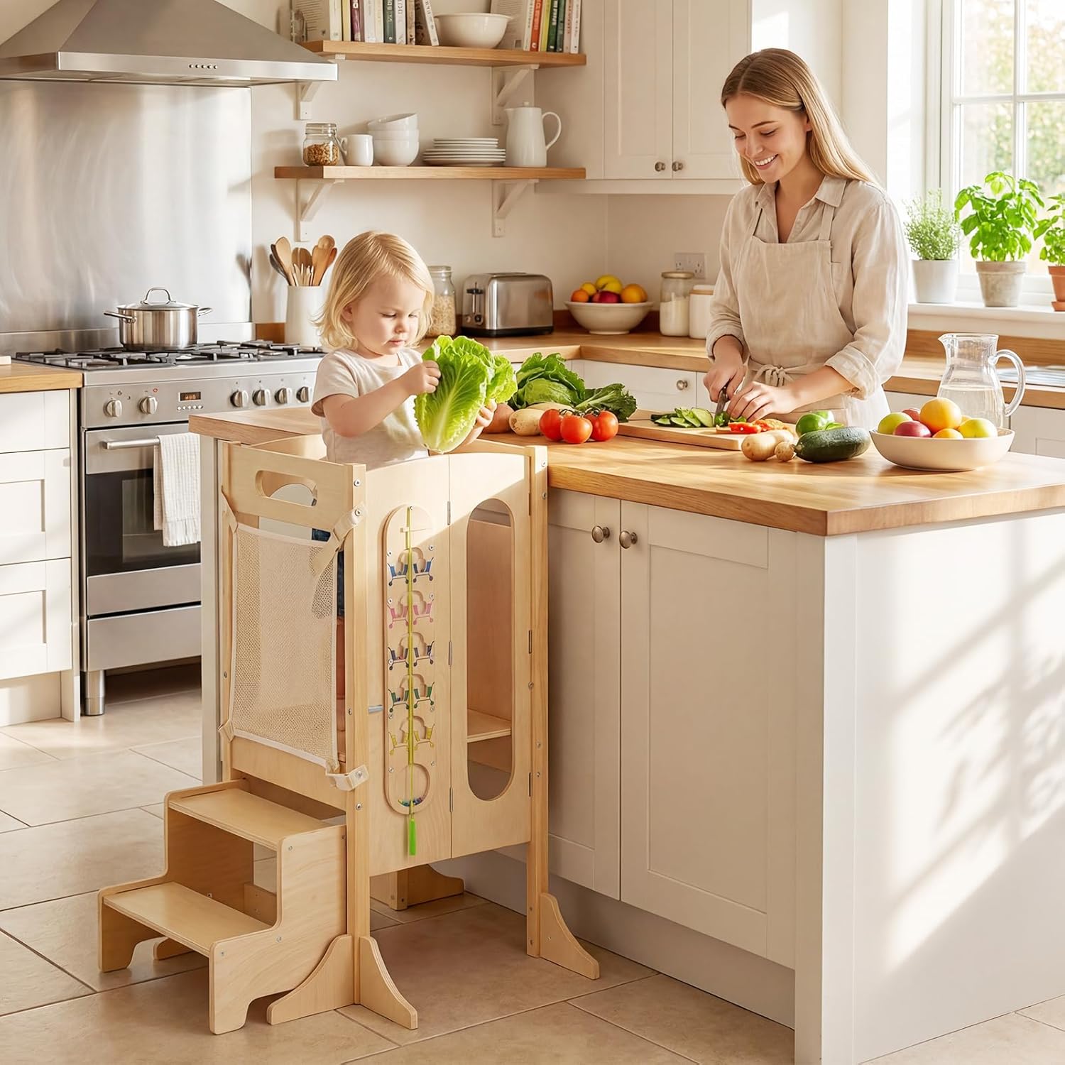 OLAKIDS Toddler Tower Foldable, 4-in-1 Wooden Standing Tower with 2 Step Stool, Chalkboard, Montessori Activity Games Safety Net, Kitchen Stool Helper for Kids 3+ Years