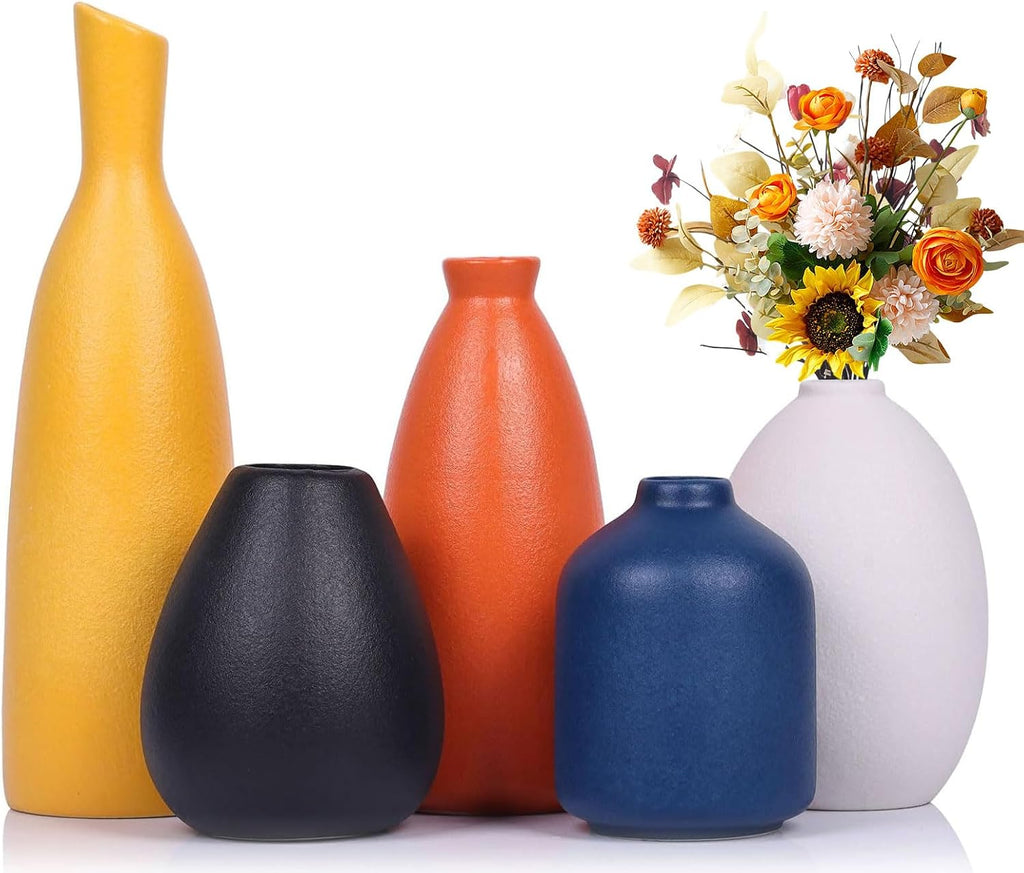 Colorful Ceramic Bud Vases Set of 5 - Multicolor Yellow, Orange, Blue Small Vases for Home Decor - Ideal for Living Room, Kitchen, Office, Bathroom, Mantle, Entrance, Farmhouse & Coffee Table Decor