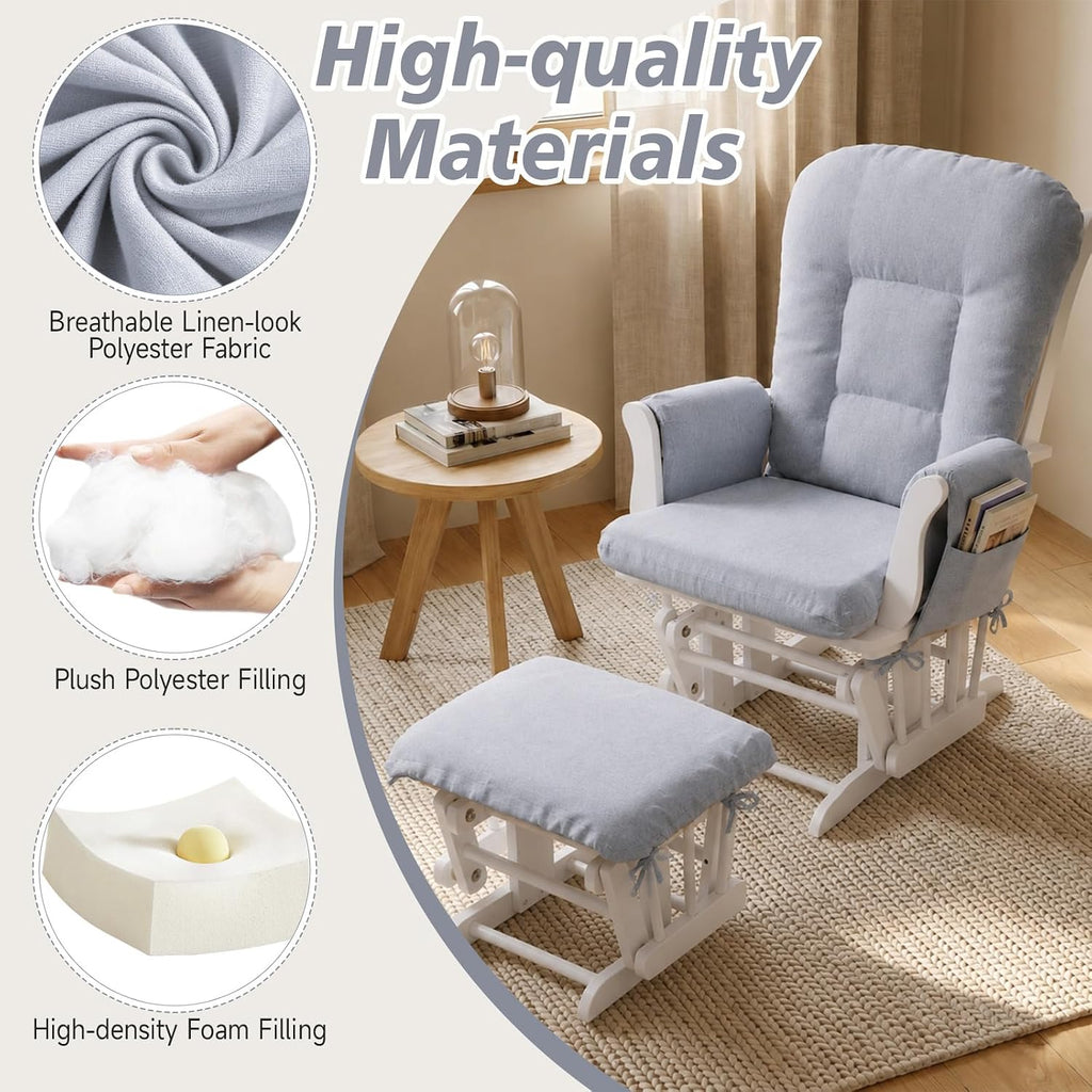 Boshen 5PCS Glider Rocker Replacement Cushions with Ottoman Cover, 3.5" Thick High Back Rocking Chair Cushion Set with Side Pockets for Indoor Nursery Glider Chair, Washable and Non Slip, Grsy