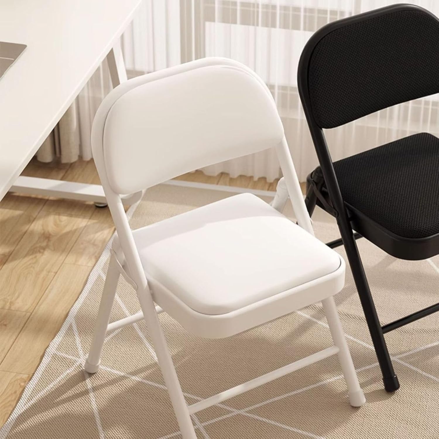 Indoor Outdoor Stackable Metal Foldable Chair with Padded Seat and Backrest Household Portable Folding(White Gray)