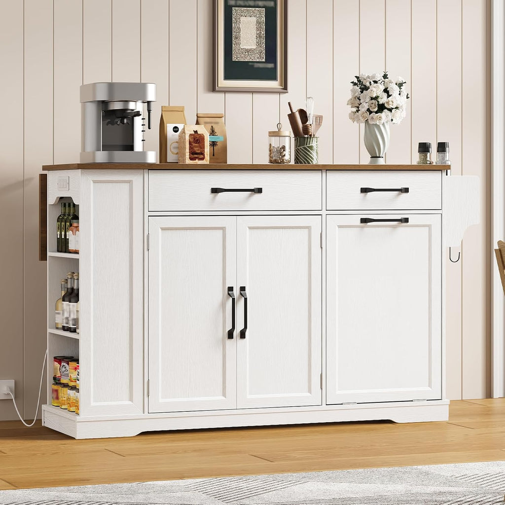 RALGEND Kitchen Island with Power Outlet & Drop Leaf, Rolling Storage Cart with Trash Storage Cabinet, Farmhouse Mobile Island Table for Kitchen, Dining Room, Hidden Casters, White and Walnut