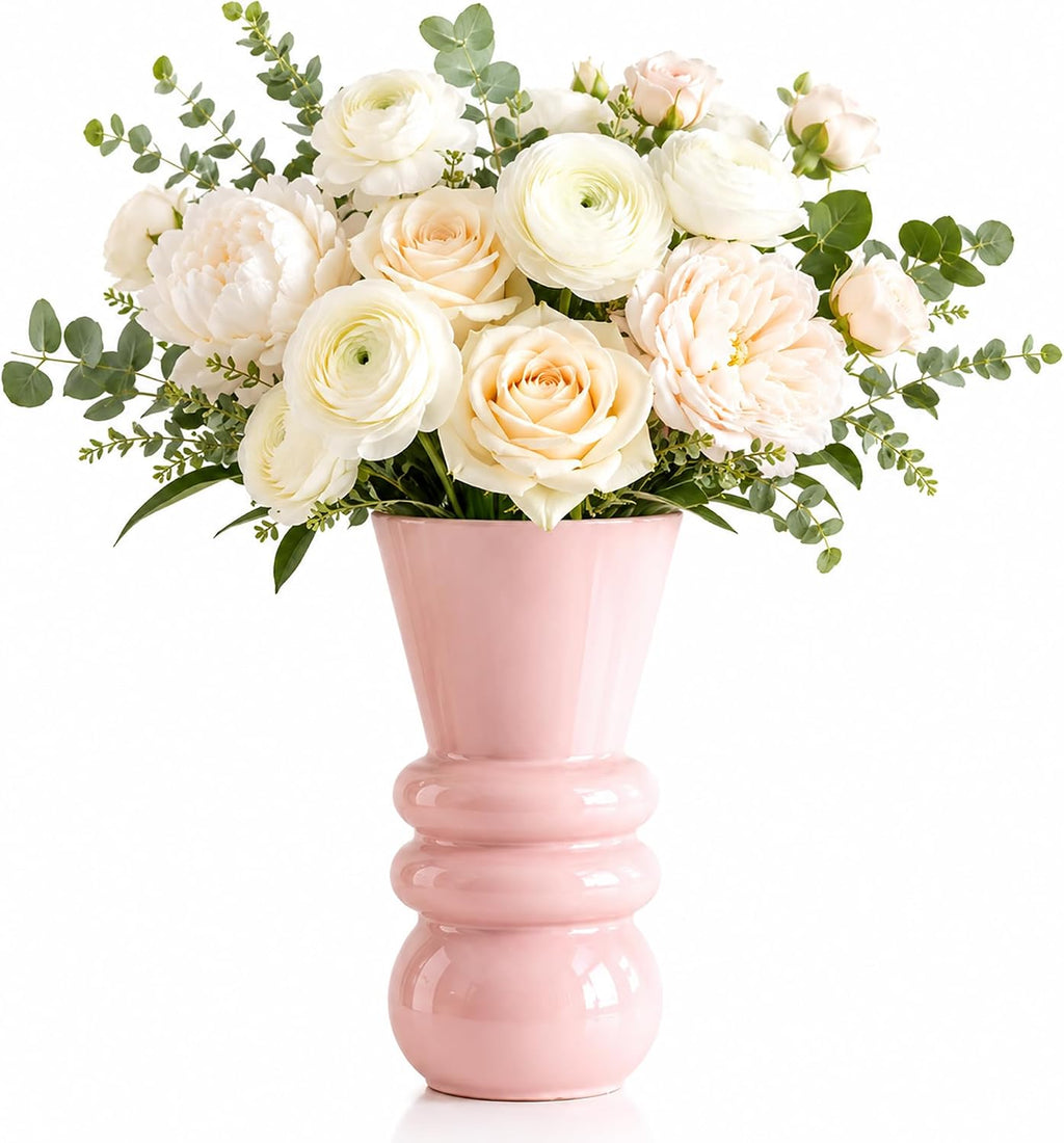 Pink Glass Vase for Flowers, Modern Decorative Flower Vase, Table Centerpiece for Dining Room, Living Room, Office Desk and Home Decor, Floral Arrangement Vase, 9.84 Inch