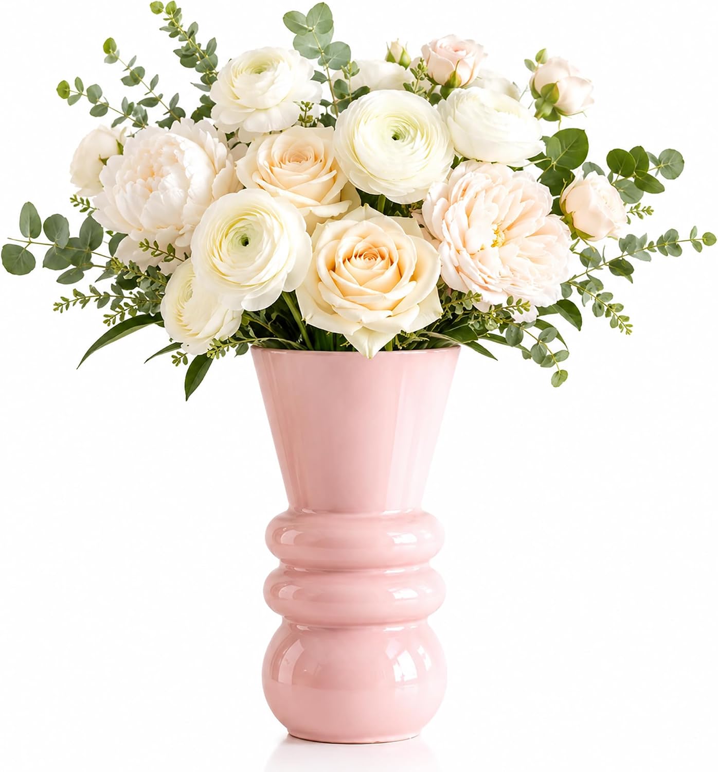 Pink Glass Vase for Flowers, Modern Decorative Flower Vase, Table Centerpiece for Dining Room, Living Room, Office Desk and Home Decor, Floral Arrangement Vase, 9.84 Inch