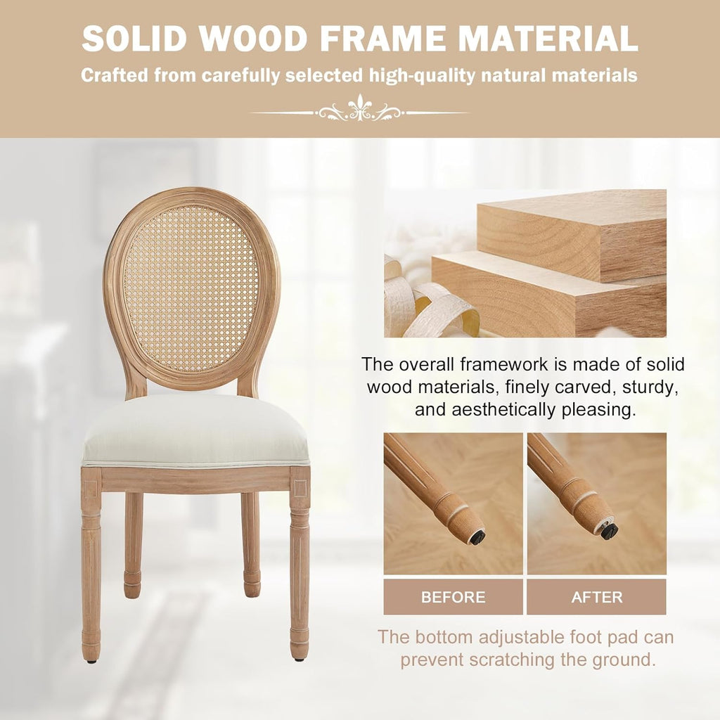 Virabit French Dining Chairs Set of 4, Hand-Woven Rattan Farmhouse Upholstered Dining Chairs with Curved Backrest and Beautifully Carved Solid Wood Frame for Living Room, Kitchen, Restaurant