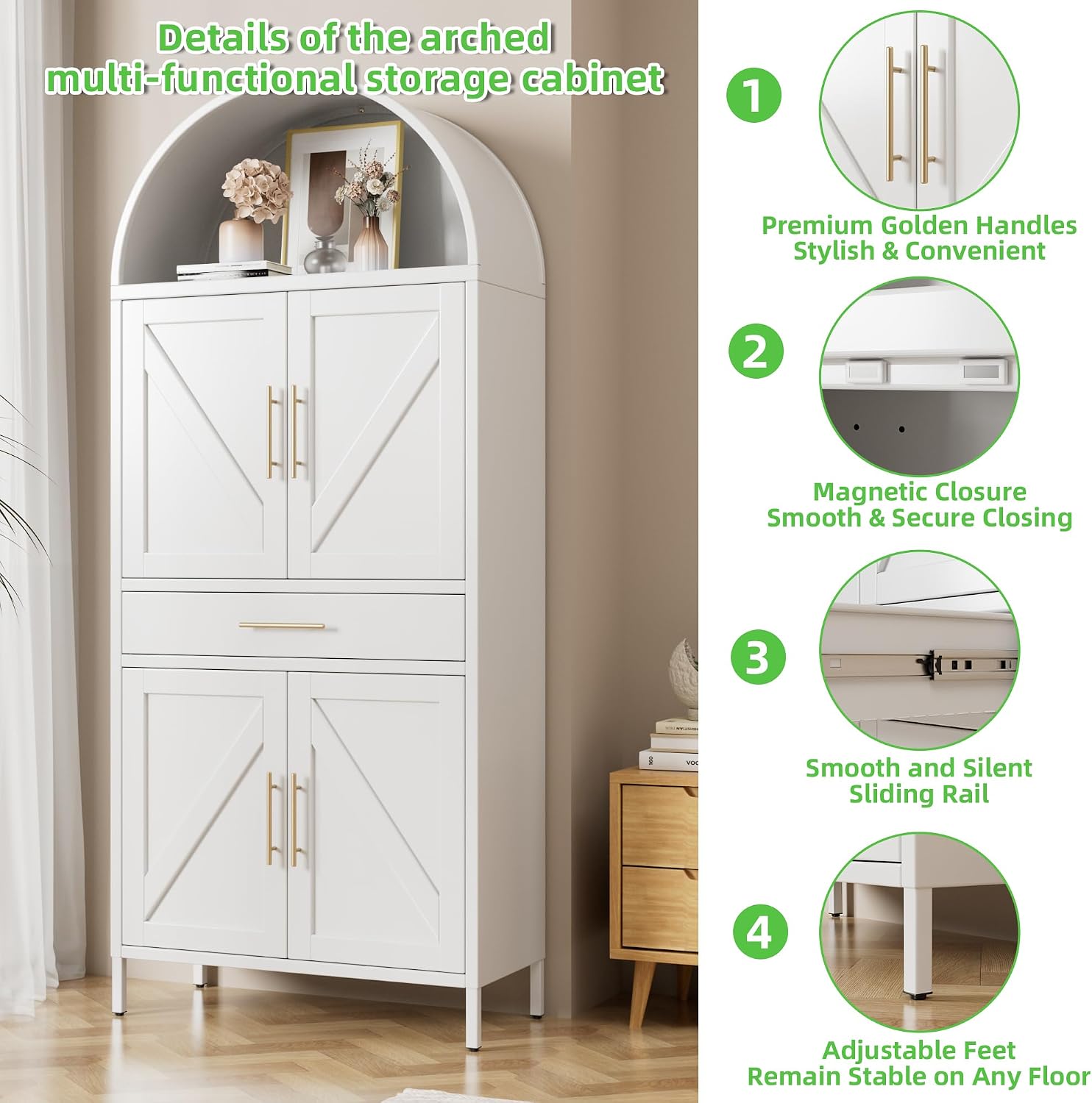 73”H Metal Arched Kitchen Pantry Cabinet with 1 Drawer, Farmhouse Pantry Cabinet with 4 Doors and 3 Adjustable Shelves for Kitchen, Dining Room, White