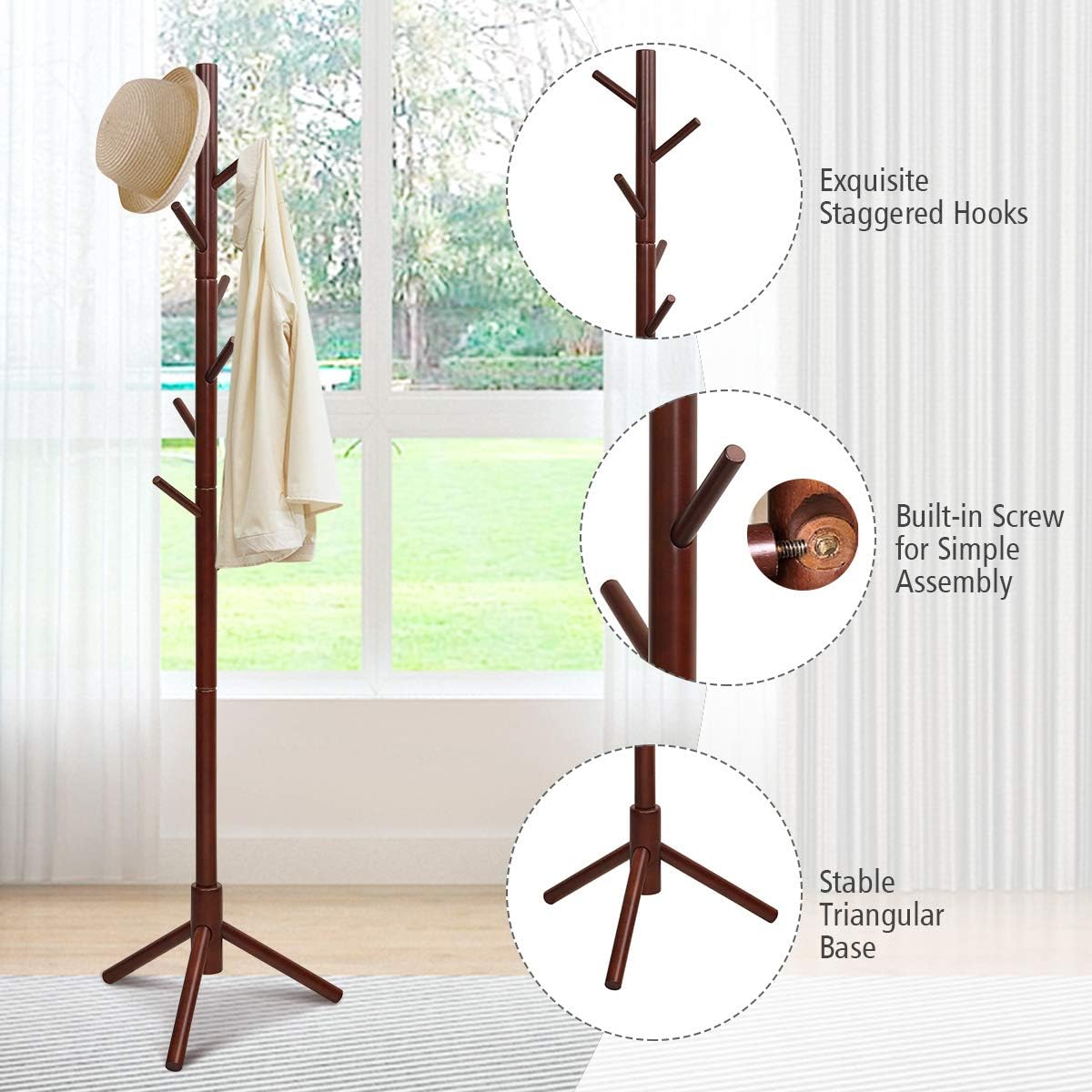 Tangkula Coat Rack Freestanding, Rubber Wood Coat Stand with 8 Hooks, Height Adjustable Entryway Coat Tree Coat Hanger Stand for Home Office Hall Entryway