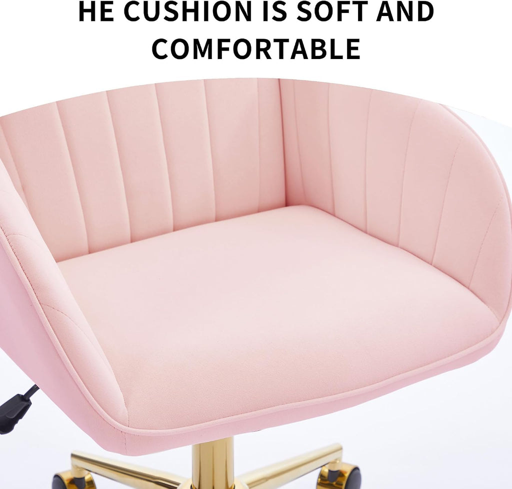 YISHENG Velvet Office Desk Chair with Gold Base, with Wheels,Modern Height Adjustable 360 Degree Swivel Upholstered Vanity Chairs with Arms for Living Room Bedroom,Pink