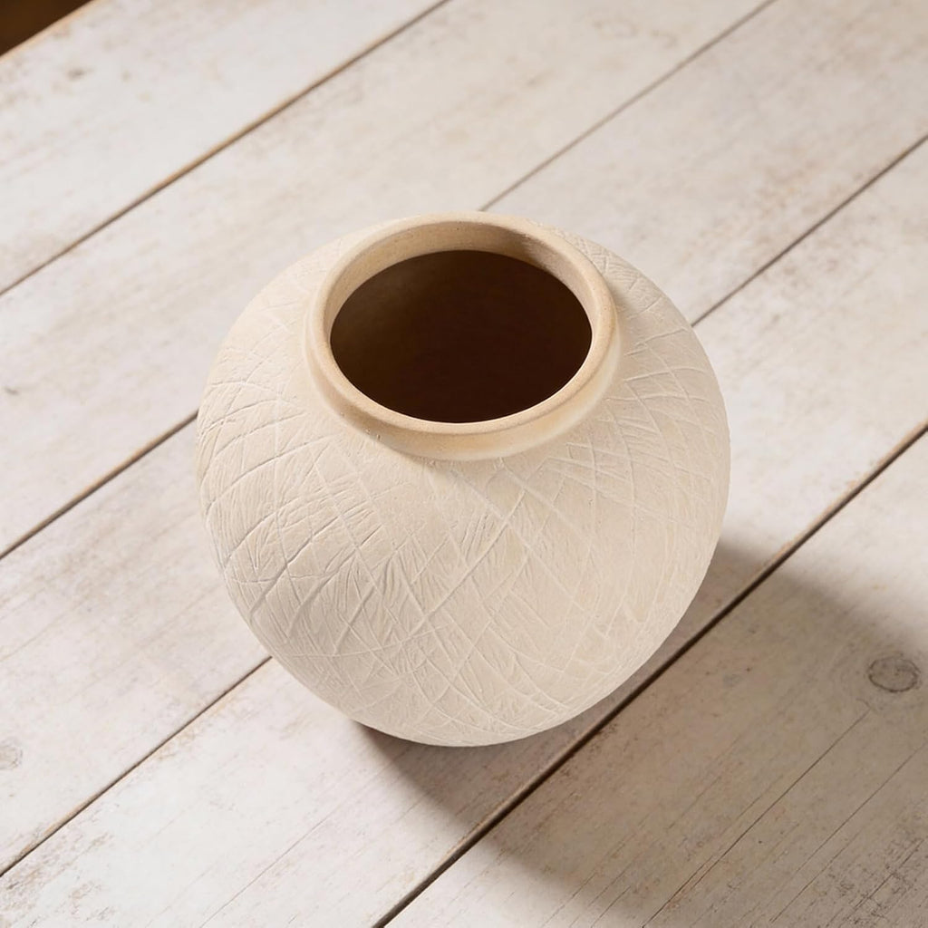 Large Carved Rustic Farmhouse Vase Home Decor - 8.8 in Ceramic Boho Decorative Vase for Decor, Round Clay Beige Terracotta Bowl vase for Living Room, Table, Shelf, Centerpieces
