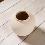 Large Carved Rustic Farmhouse Vase Home Decor - 8.8 in Ceramic Boho Decorative Vase for Decor, Round Clay Beige Terracotta Bowl vase for Living Room, Table, Shelf, Centerpieces