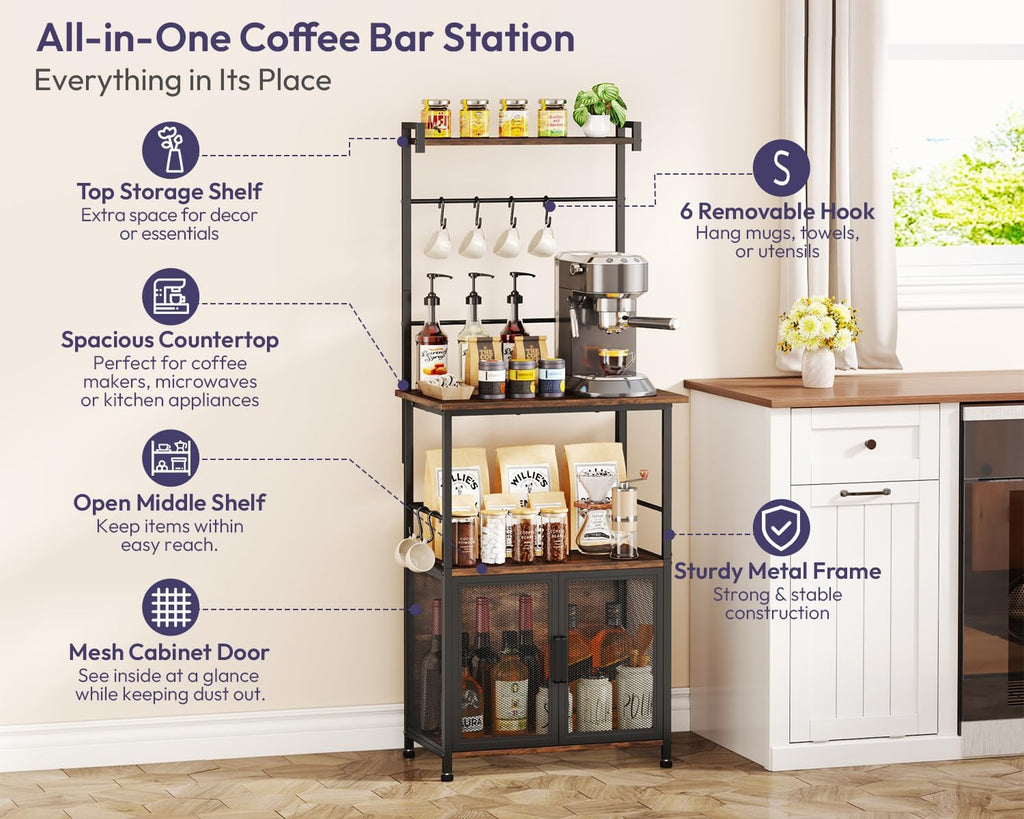 SWTYMIKI Coffee Bar Station for Space - Limited Home Coffee Lovers Espresso | Unique Double Mesh Enclosed Cabinet Doors + 6 Mug Hooks Multi-Purpose Microwave Stand, Buffet Cabinet Storage Rack