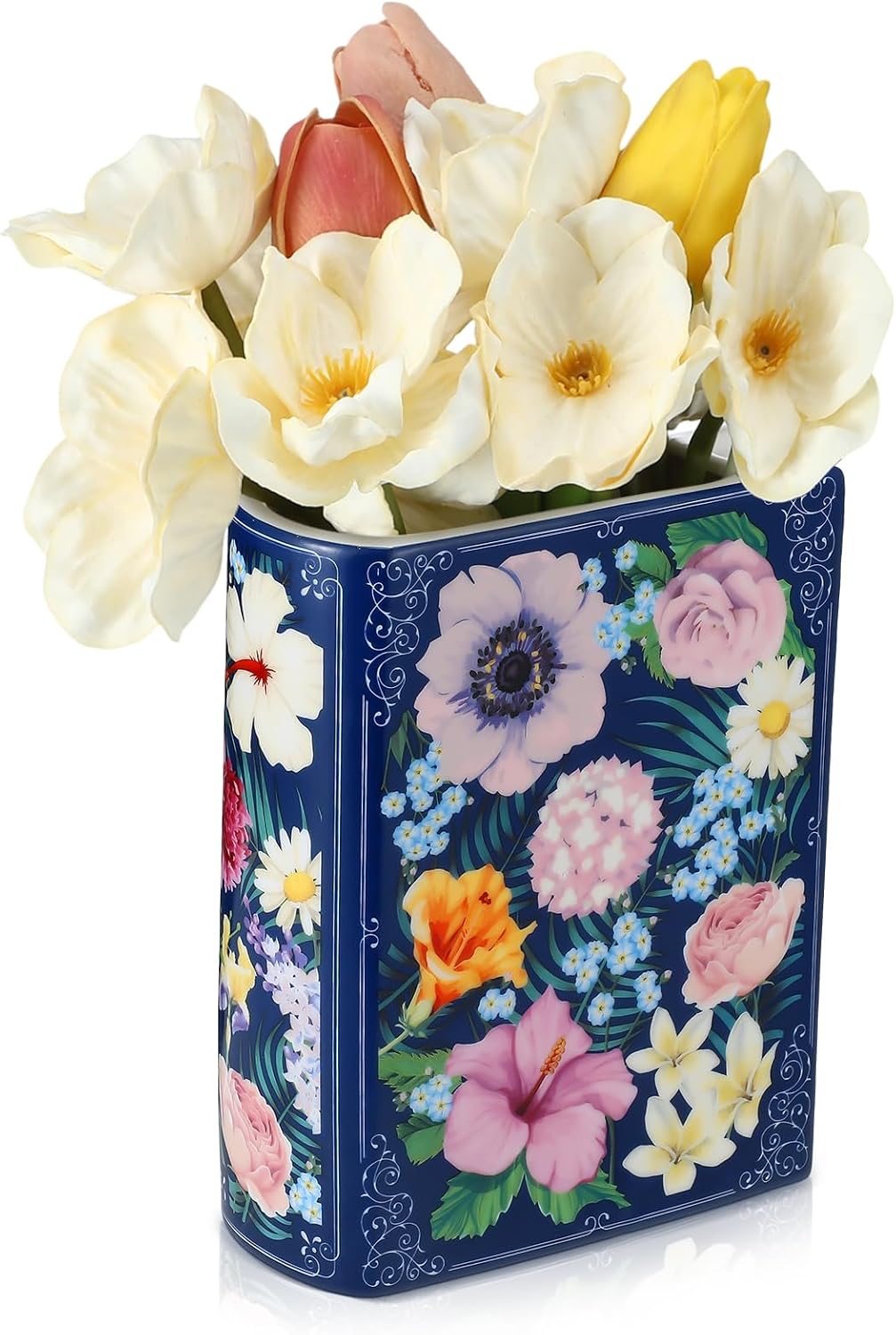 Uiifan Book Shaped Small Flower Vase Decorative Ceramic Vases Cute Home Decor for Bookshelf Dining Table Desk Office Home Decor Unique Vase for Book Lovers (Retro Flowers)
