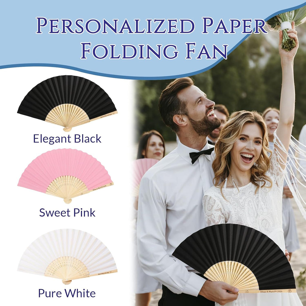 HJX Personalized Wedding Fans for Guests Custom Engraved Bulk Paper Folding Fans Favors for Party