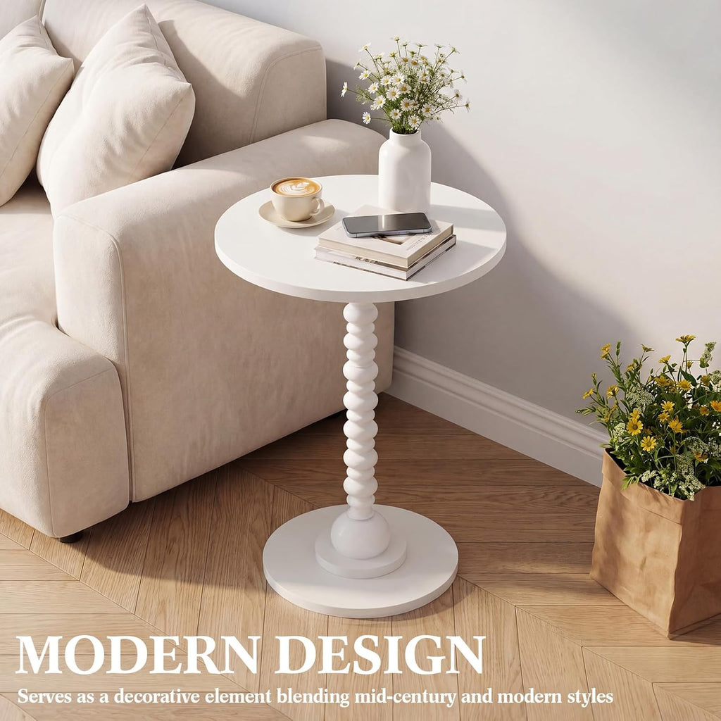 Novabright Round Side Table Small Drink Table for Small Spaces Modern Accent End Nightstand with Spindle Design Leg for Living Room Turned Solid Wood Side 23.6'' Height(White)