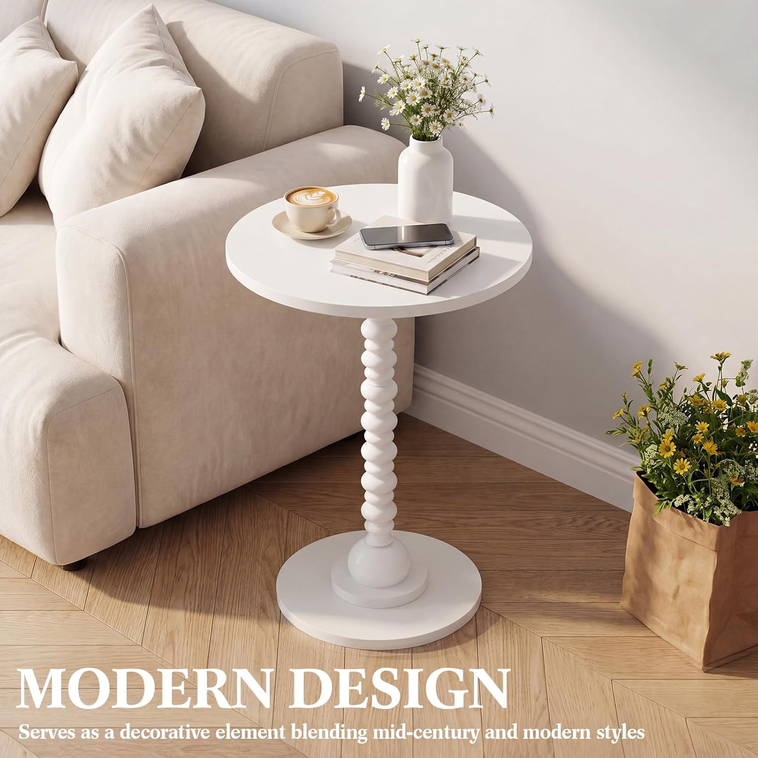 Novabright Round Side Table Small Drink Table for Small Spaces Modern Accent End Nightstand with Spindle Design Leg for Living Room Turned Solid Wood Side 23.6'' Height(White)