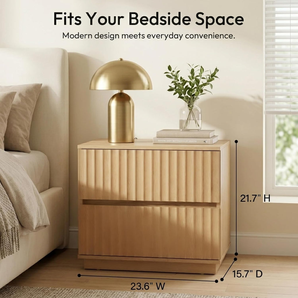 Fluted Nightstand with 2 Drawers, 23.6-Inch Wide, Natural Oak | Modern bedside table for a calm, organized bedroom; ribbed fronts, light wood tones and handleless lines add Japandi appeal