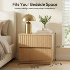 Fluted Nightstand with 2 Drawers, 23.6-Inch Wide, Natural Oak | Modern bedside table for a calm, organized bedroom; ribbed fronts, light wood tones and handleless lines add Japandi appeal